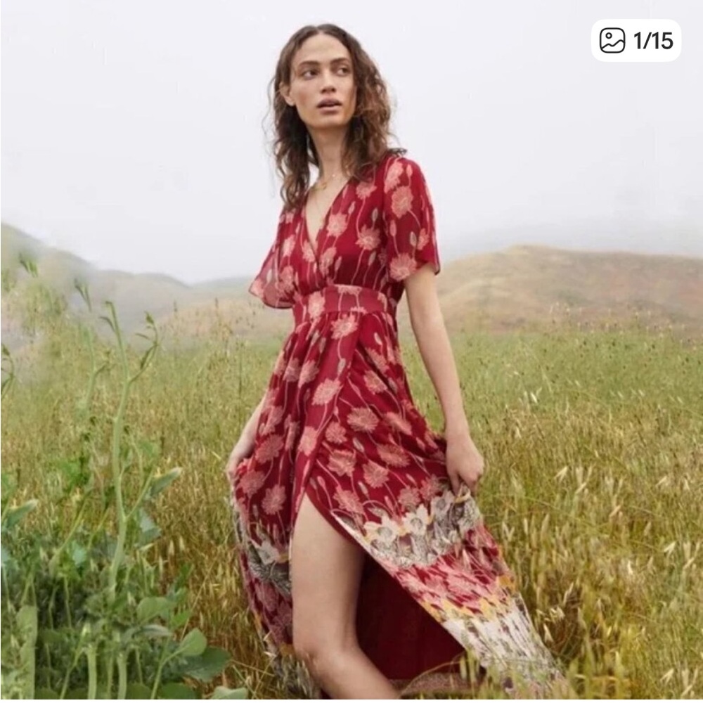 Madewell Red and White Tulip-Sleeve Maxi Dress Tall Sunflowers Print - NWT